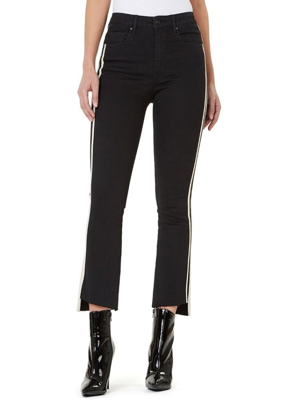 Numero Womens High Rise Side Stripe Flare Leg Cropped Jeans